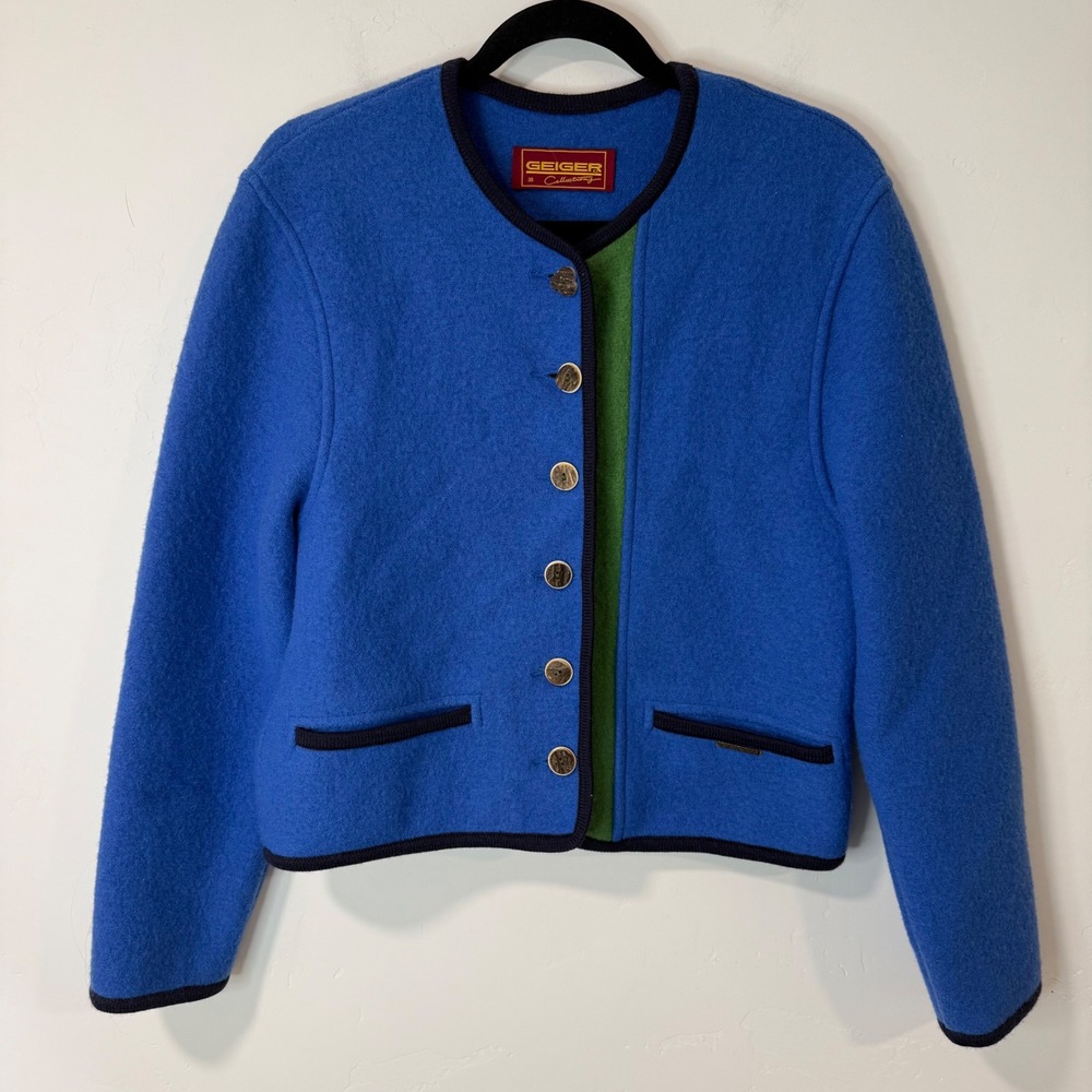 Geiger Womens Boiled Wool Jacket 38 Blue Excellent Austrian Tyrolean Cardigan